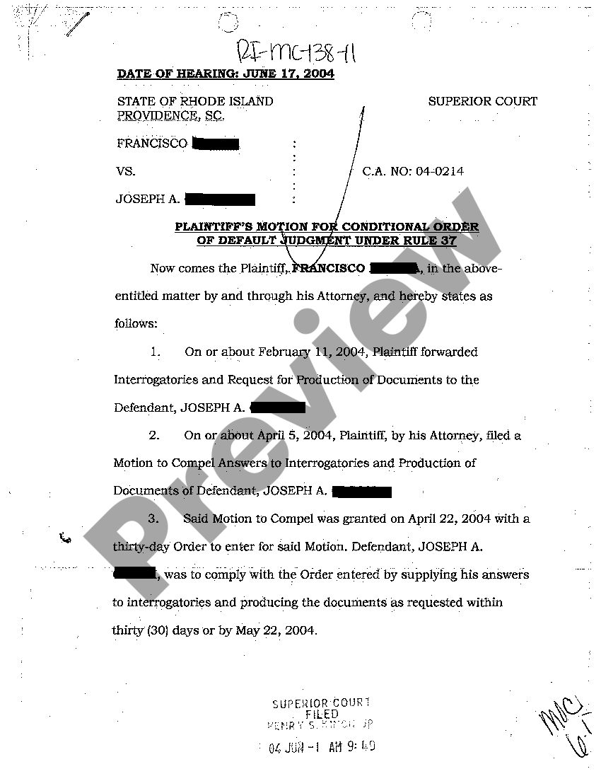 Rhode Island Plaintiff's Motion for Conditional Order of Default