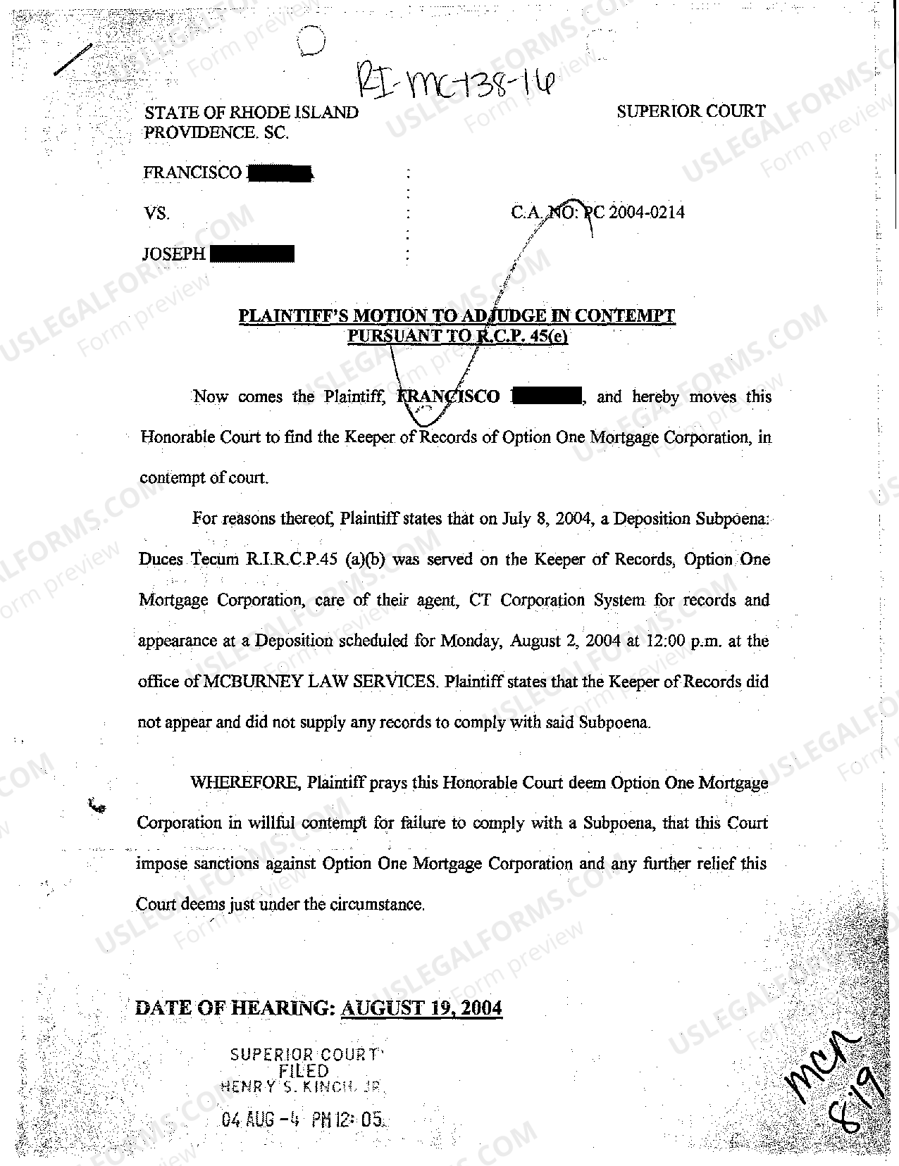 Rhode Island Plaintiff's Motion to Adjudge in Contempt Motion To