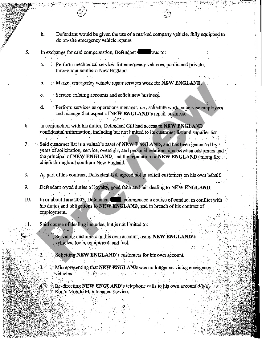 Preview A02 Verified Complaint for Injunctive Relief for Employee Using Unfair Trade Practices and Confidential Information