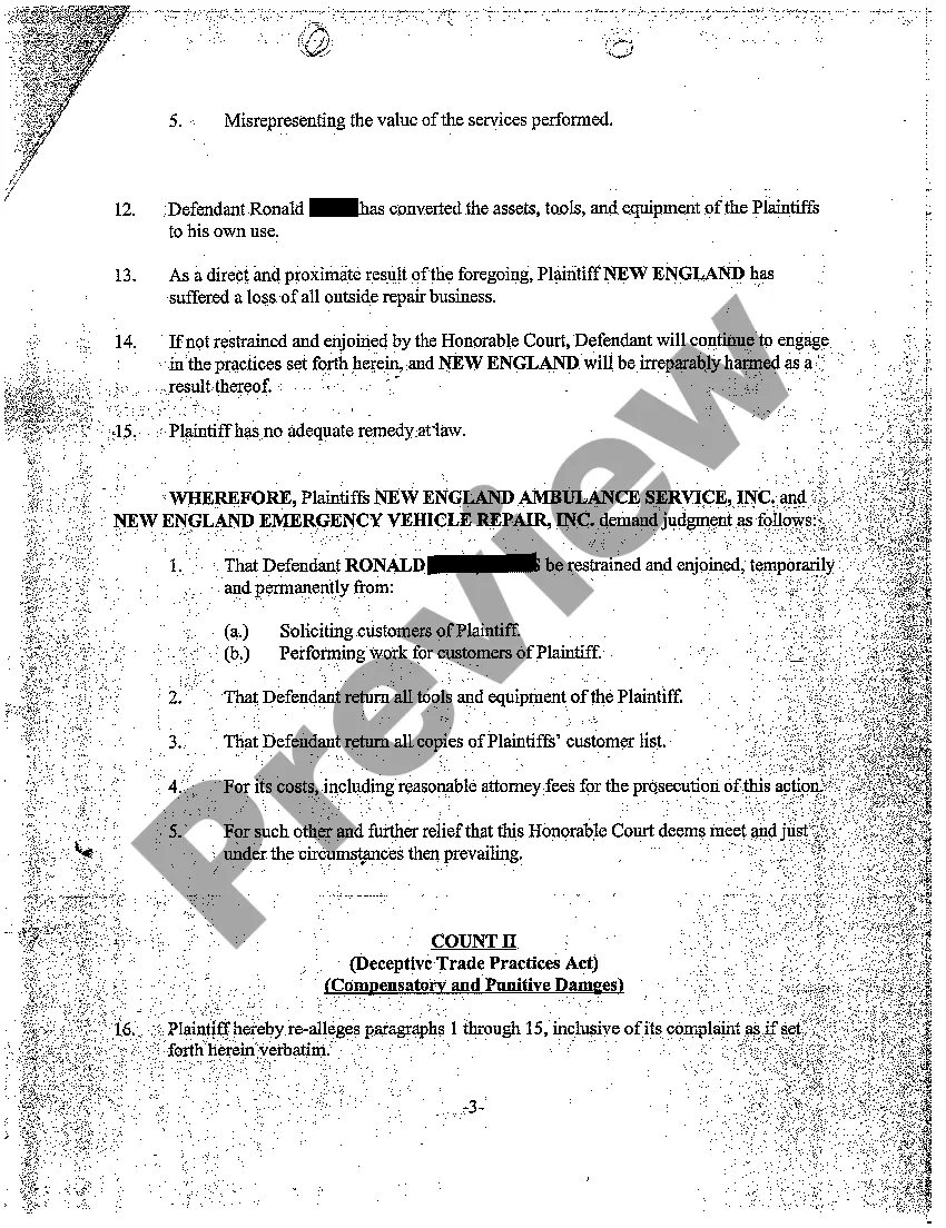 Preview A02 Verified Complaint for Injunctive Relief for Employee Using Unfair Trade Practices and Confidential Information