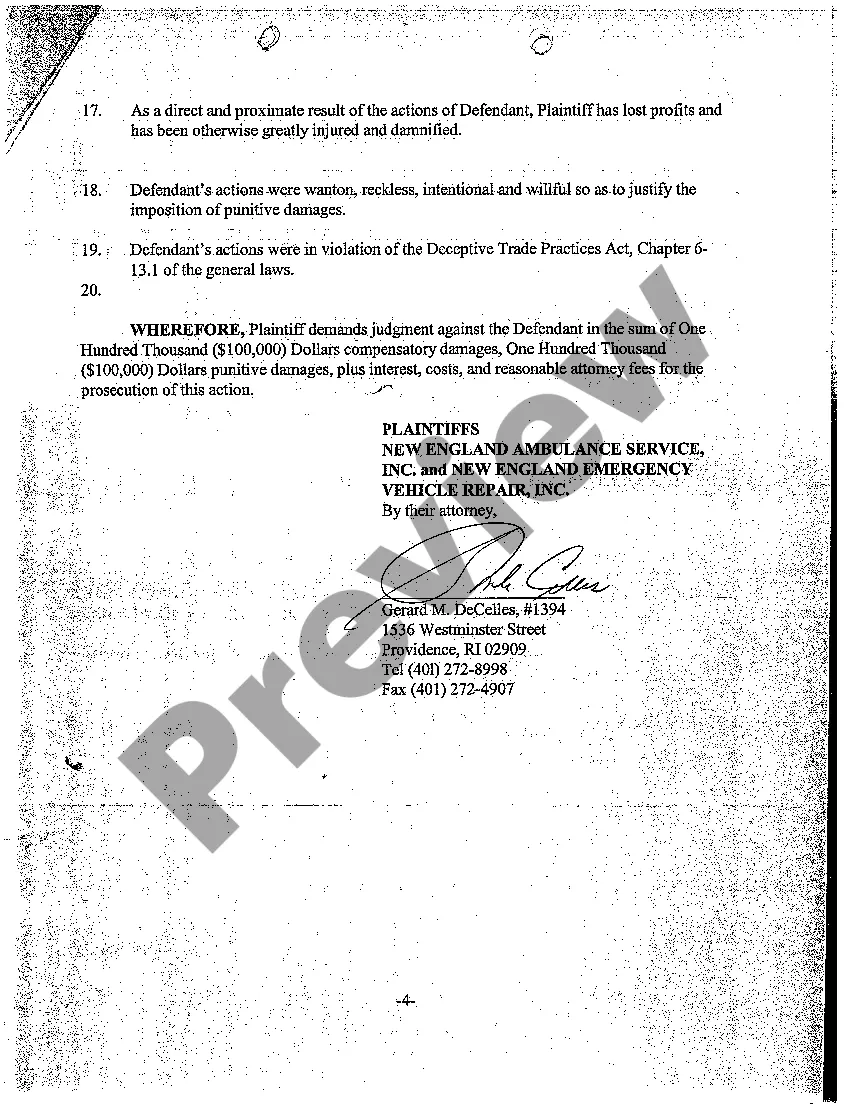 Preview A02 Verified Complaint for Injunctive Relief for Employee Using Unfair Trade Practices and Confidential Information