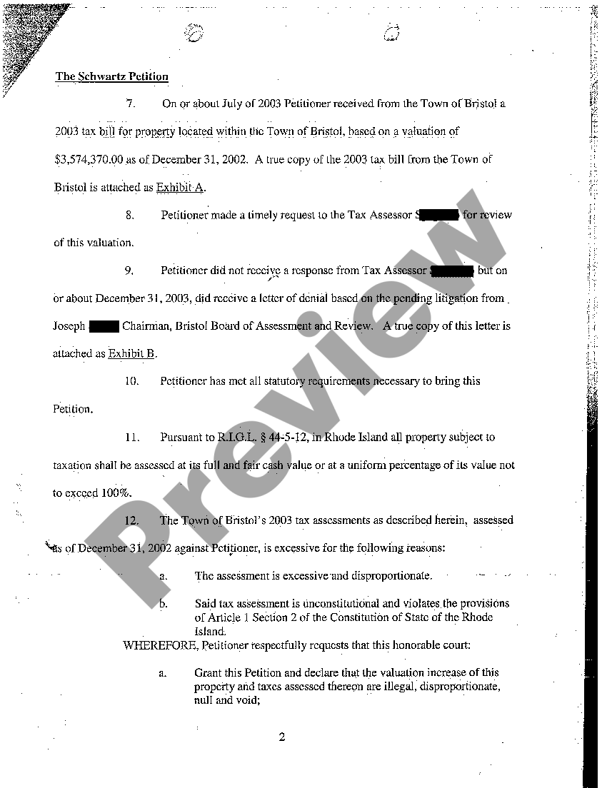 Rhode Island Complaint for Excessive Property Tax Against Tax Assessor