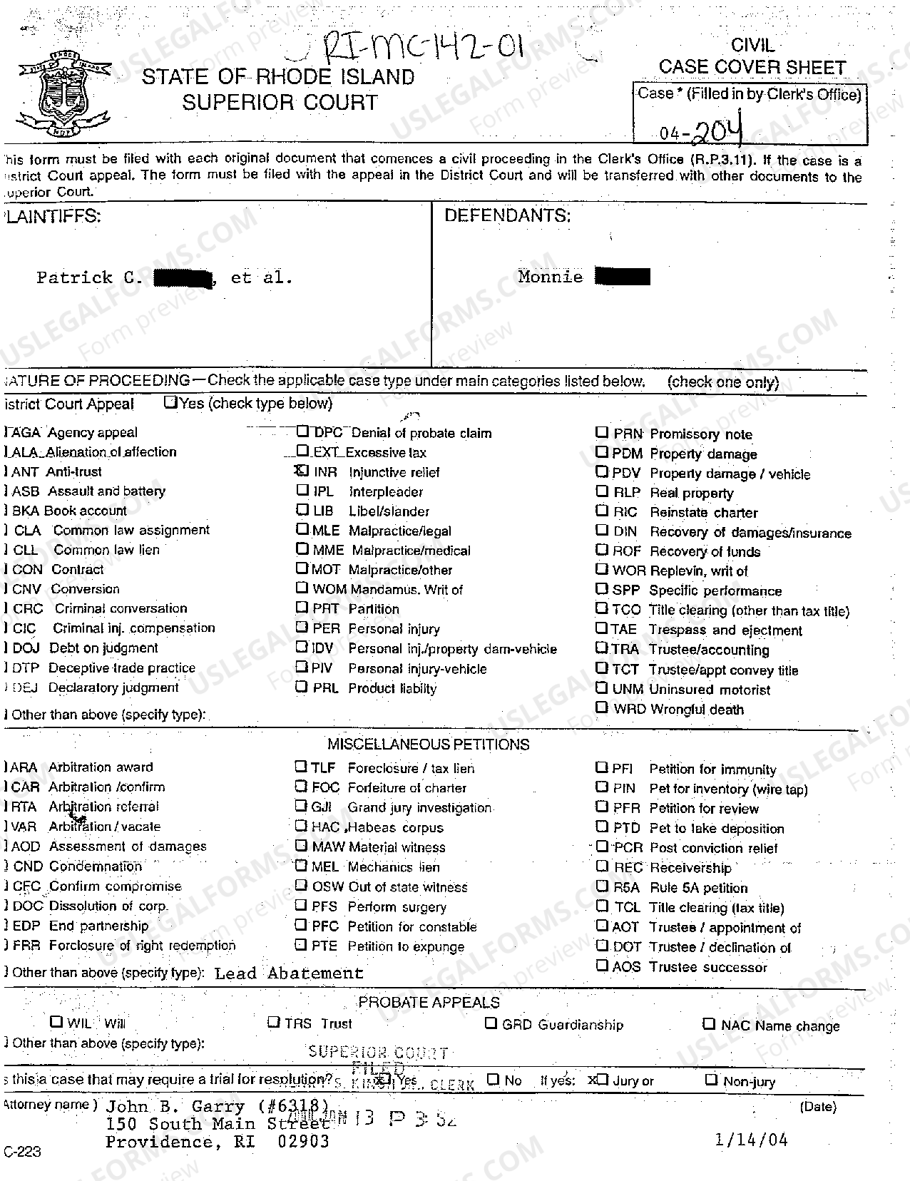 Rhode Island Civil Case Cover Sheet US Legal Forms