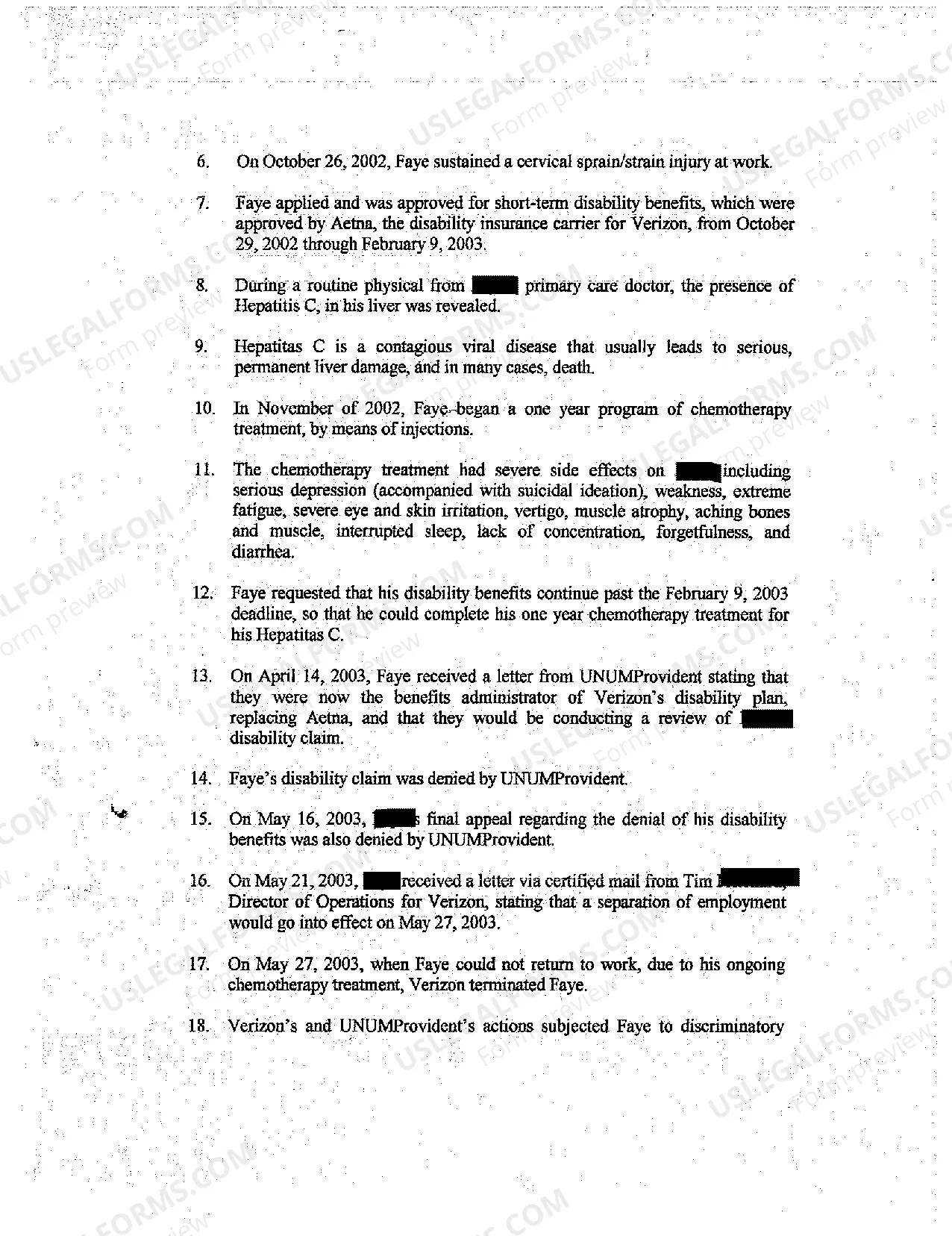 Preview A01 Verified Complaint for Wrongful Termination Due to Employee's Disability