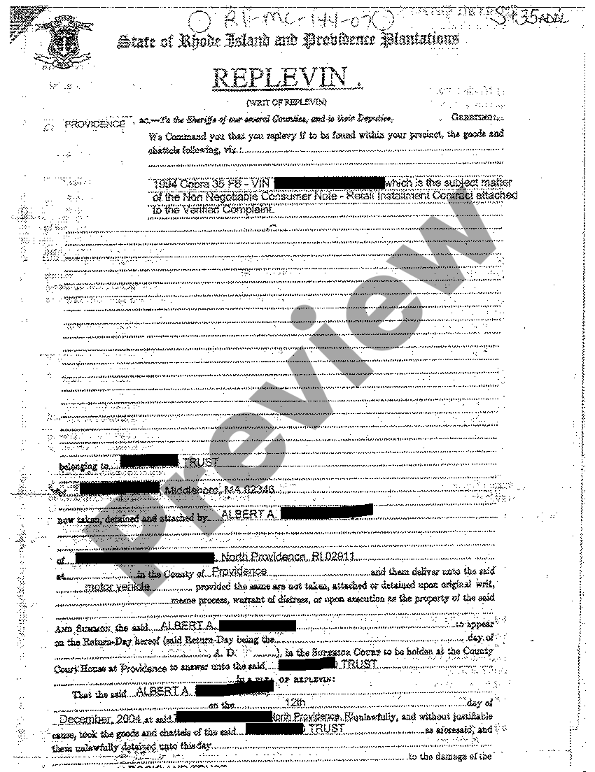 Rhode Island Writ of Replevin US Legal Forms