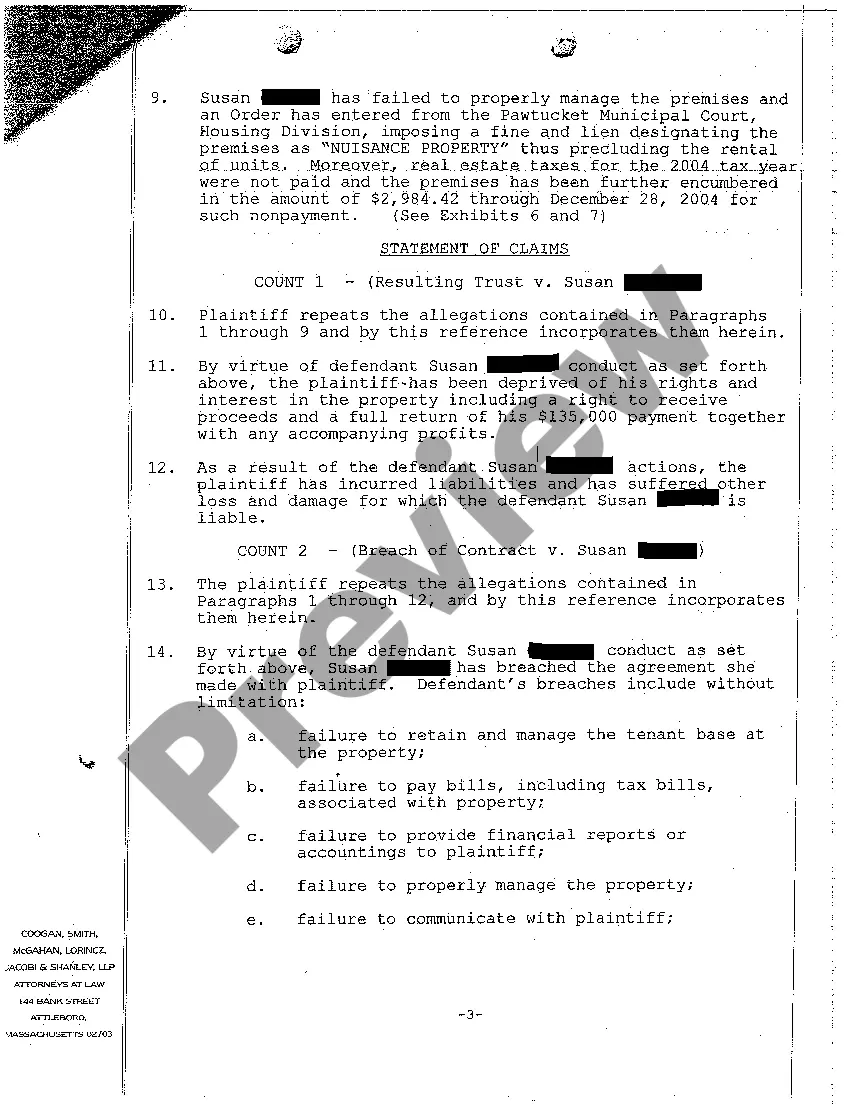 Preview A01 Verified Complaint for Recovery of Funds Lent to Improve Property