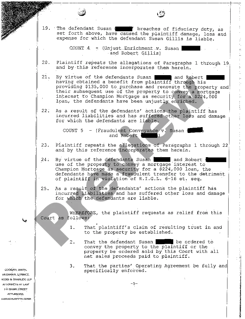 Preview A01 Verified Complaint for Recovery of Funds Lent to Improve Property