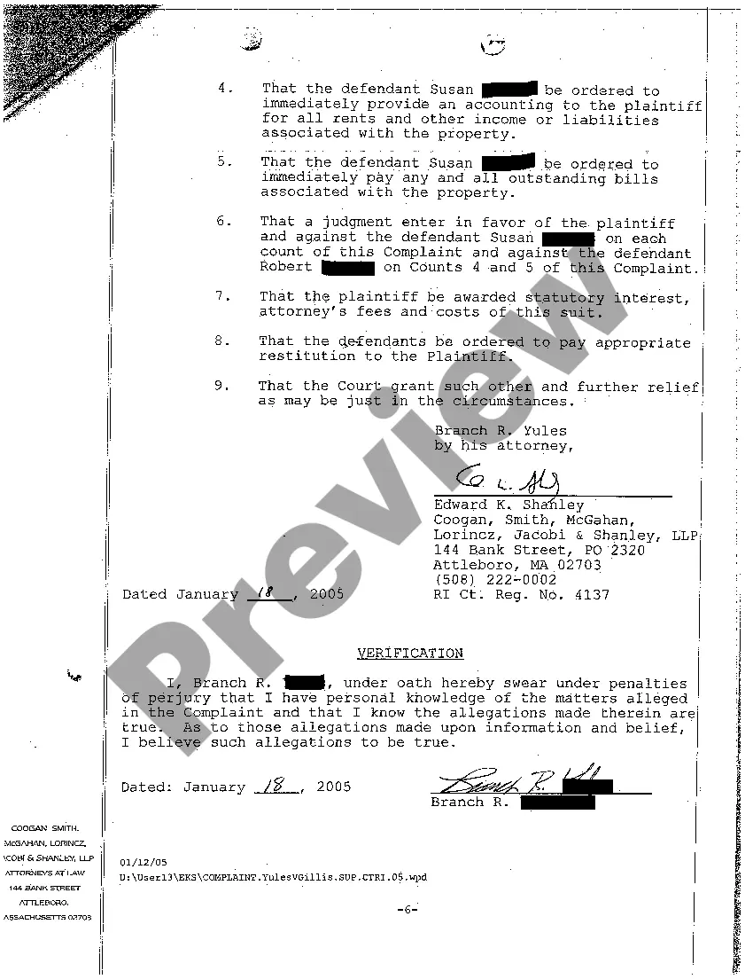 Preview A01 Verified Complaint for Recovery of Funds Lent to Improve Property