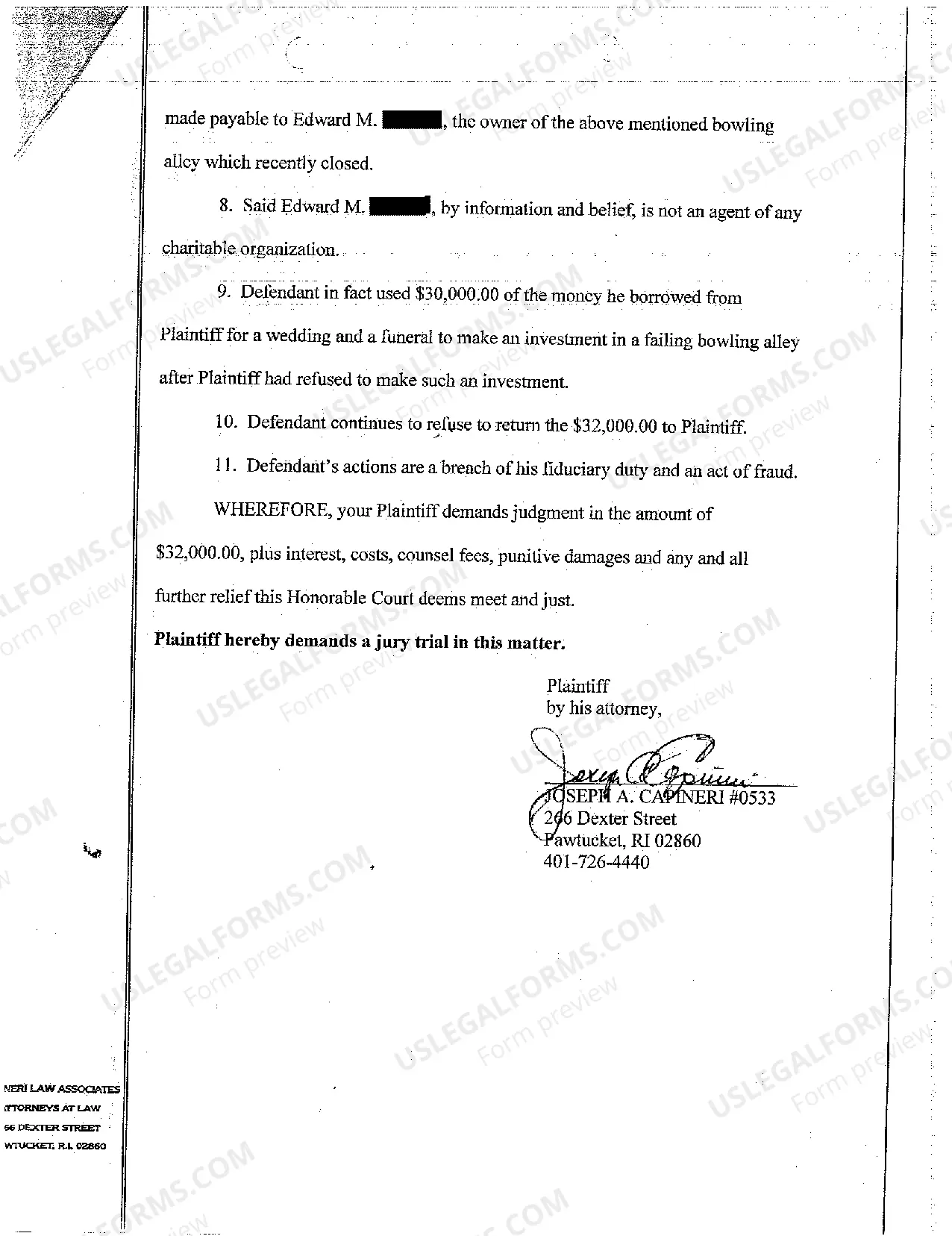 Preview A01 Complaint for Return of Loan Made to Friend for Funeral Expenses and Wedding Costs