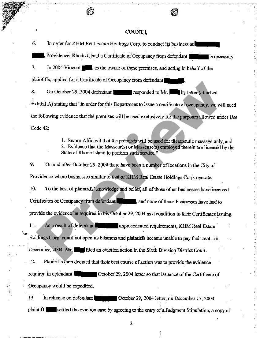 Preview A01 Complaint for Issuance of Certificate of Occupancy to Allow Plaintiffs' to Conduct Business