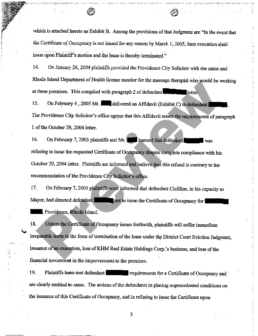 Preview A01 Complaint for Issuance of Certificate of Occupancy to Allow Plaintiffs' to Conduct Business