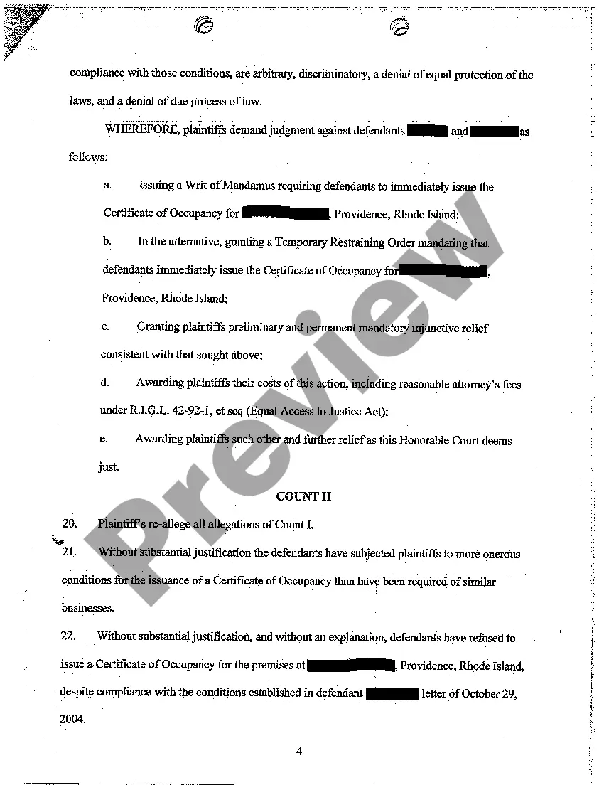 Preview A01 Complaint for Issuance of Certificate of Occupancy to Allow Plaintiffs' to Conduct Business