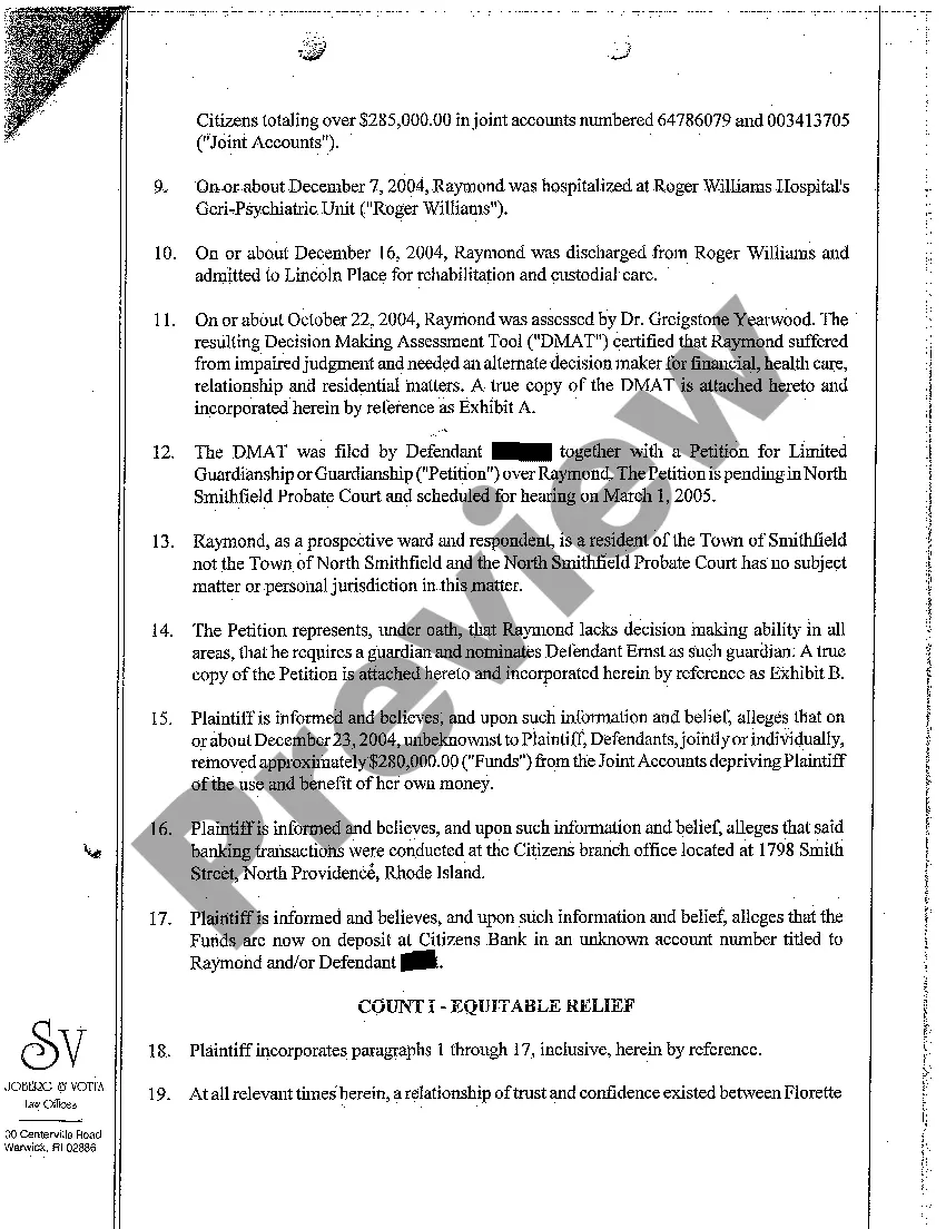 Preview A01 Complaint for Injunctive Relief Requesting Bank to Freeze Account Due to Plaintiff's Incapacity