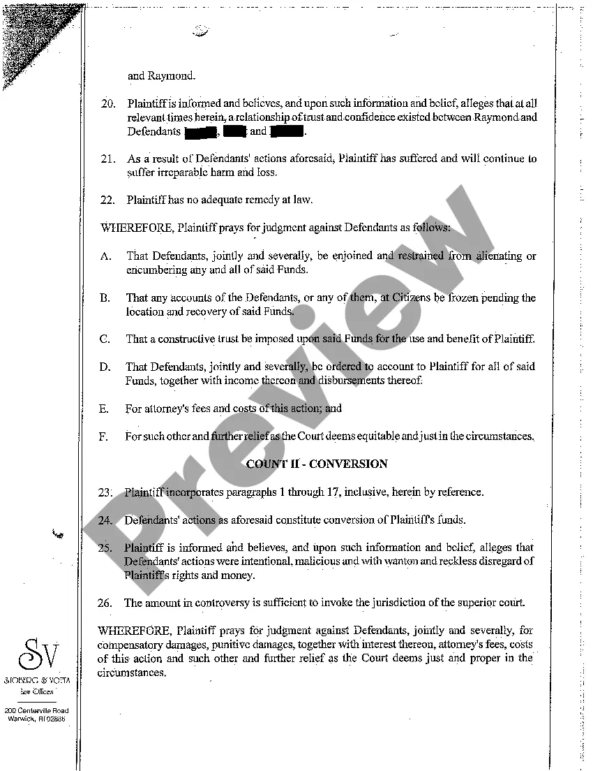 Preview A01 Complaint for Injunctive Relief Requesting Bank to Freeze Account Due to Plaintiff's Incapacity