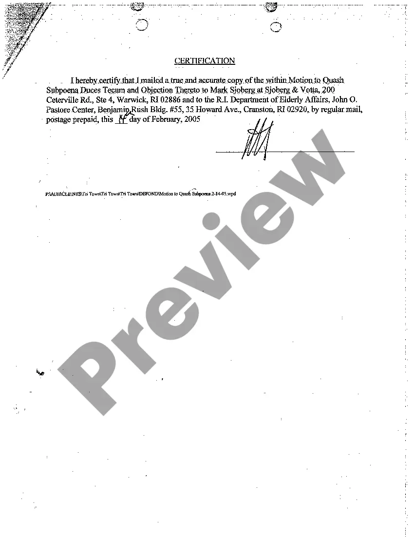 Preview A03 Motion to Quash Subpoena Duces Tecum and Objection Thereto