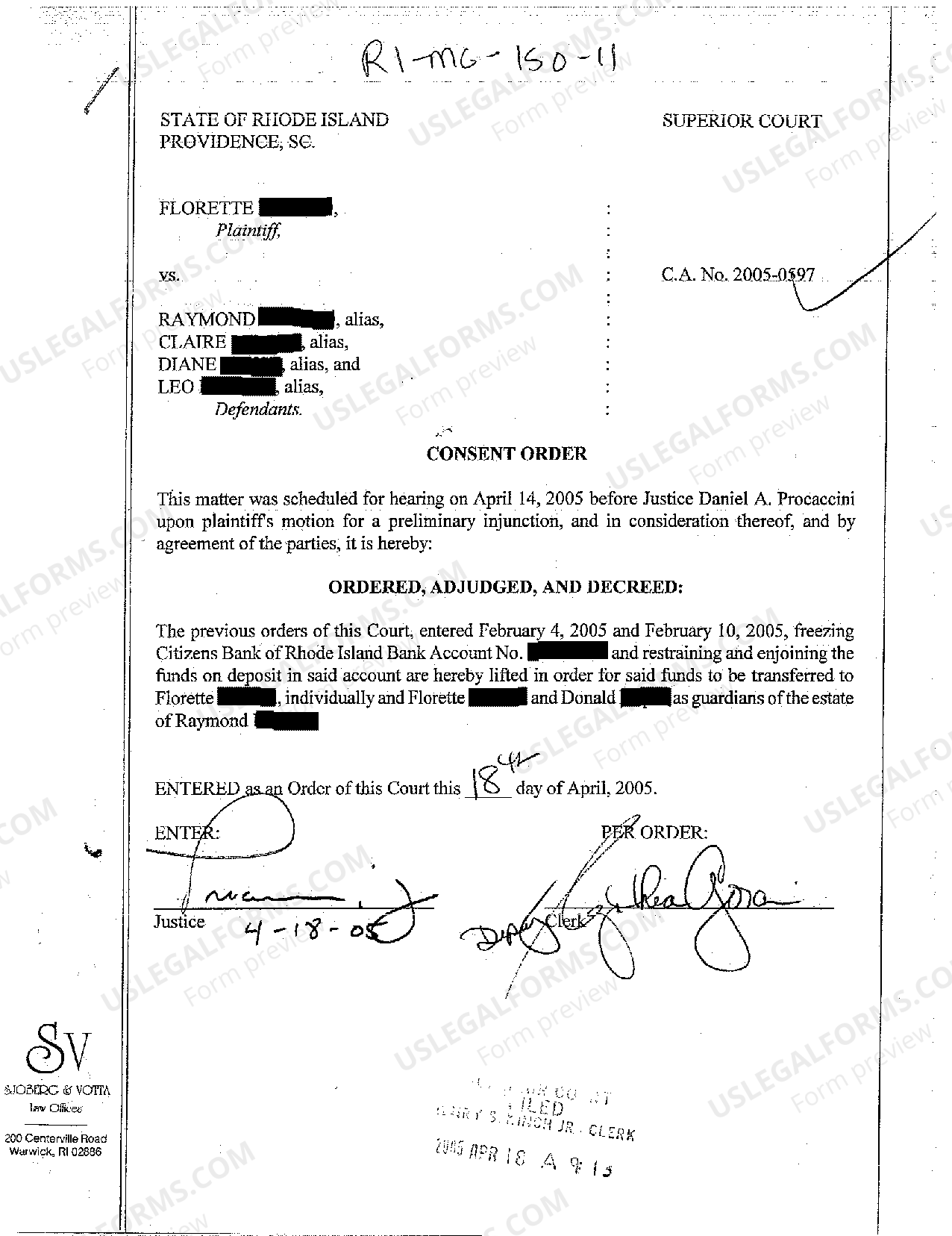 Rhode Island Consent Order Lifting the Freeze on Accounts US Legal Forms