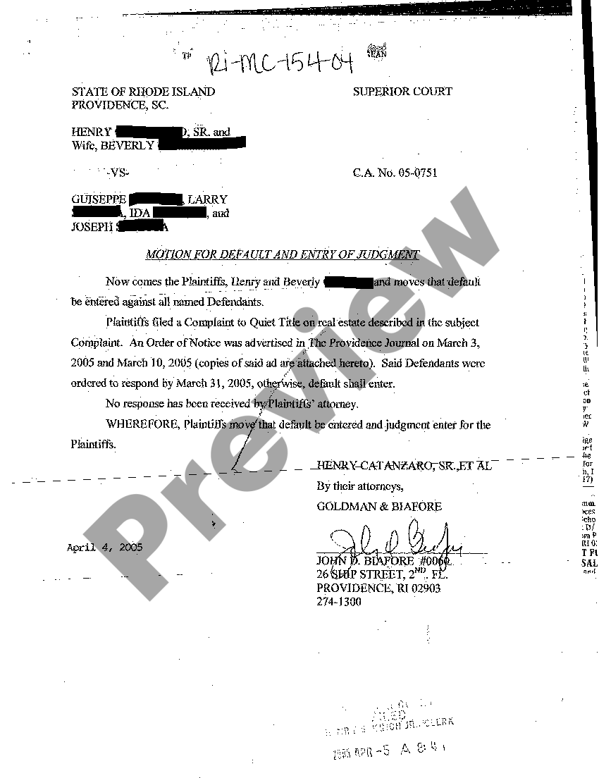 Rhode Island Motion for Default and Entry of Judgment US Legal Forms