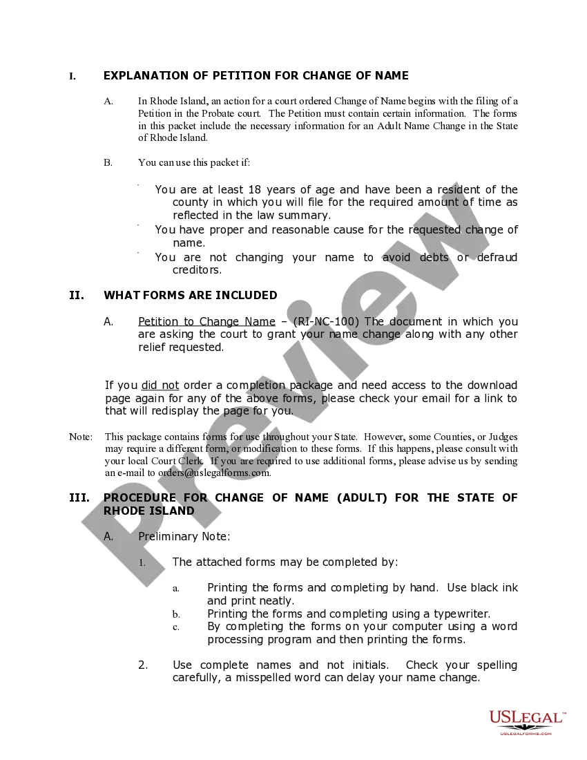Preview Rhode Island Name Change Instructions and Forms Package for an Adult