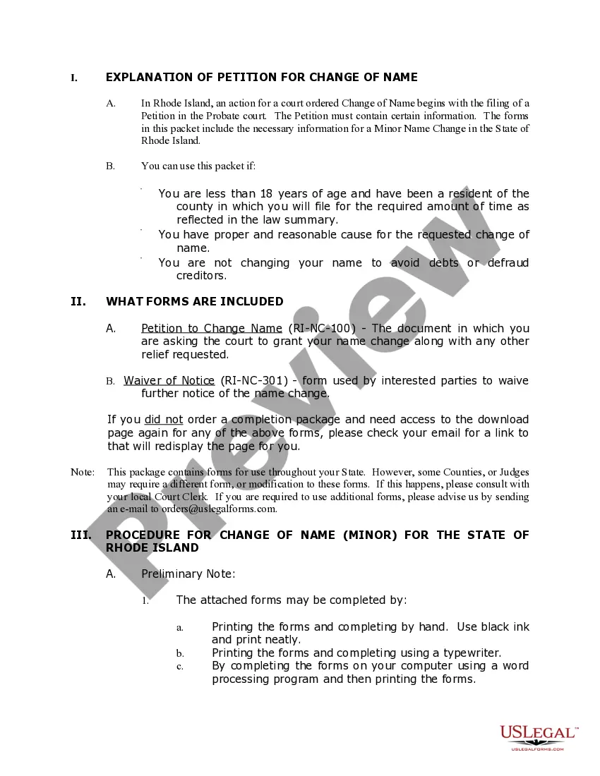 Preview Rhode Island Name Change Instructions and Forms Package for a Minor