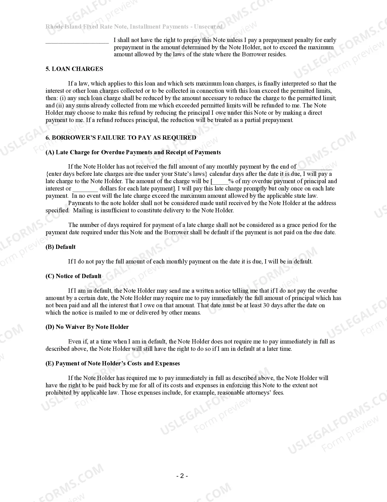 Preview Rhode Island Unsecured Installment Payment Promissory Note for Fixed Rate