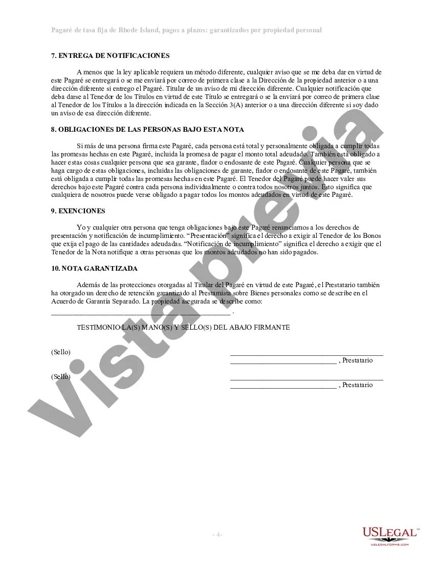 Preview Pagaré de Tasa Fija en Cuotas de Rhode Island Garantizado por Bienes Personales