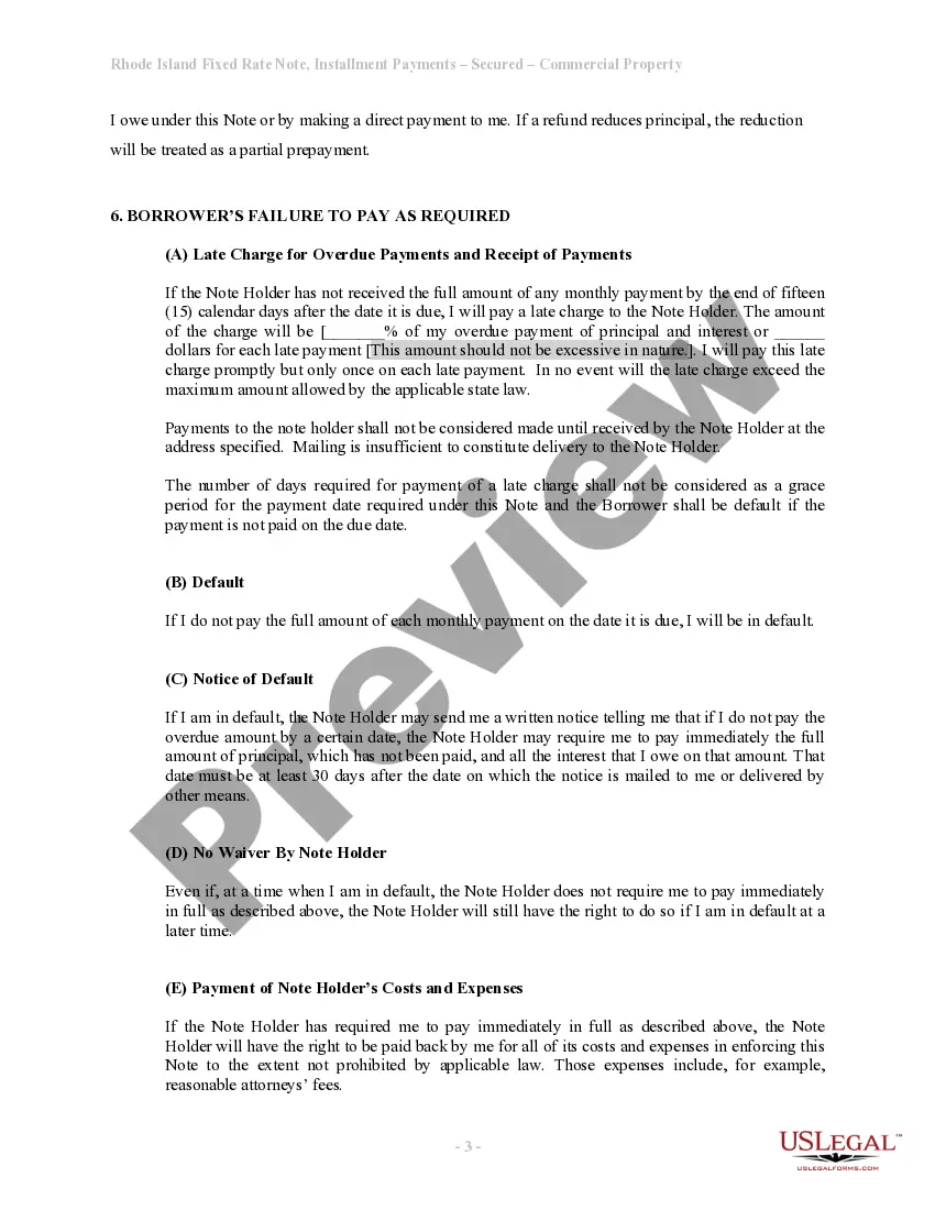 Preview Rhode Island Installments Fixed Rate Promissory Note Secured by Commercial Real Estate
