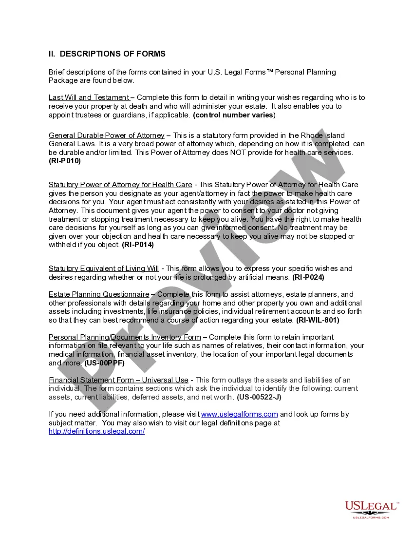 Get Rhode Island Life Documents Planning Package, including Will, Power of Attorney and Living Will Preview Rhode Island Life Documents Planning Package, including Will, Power of Attorney and Living Will