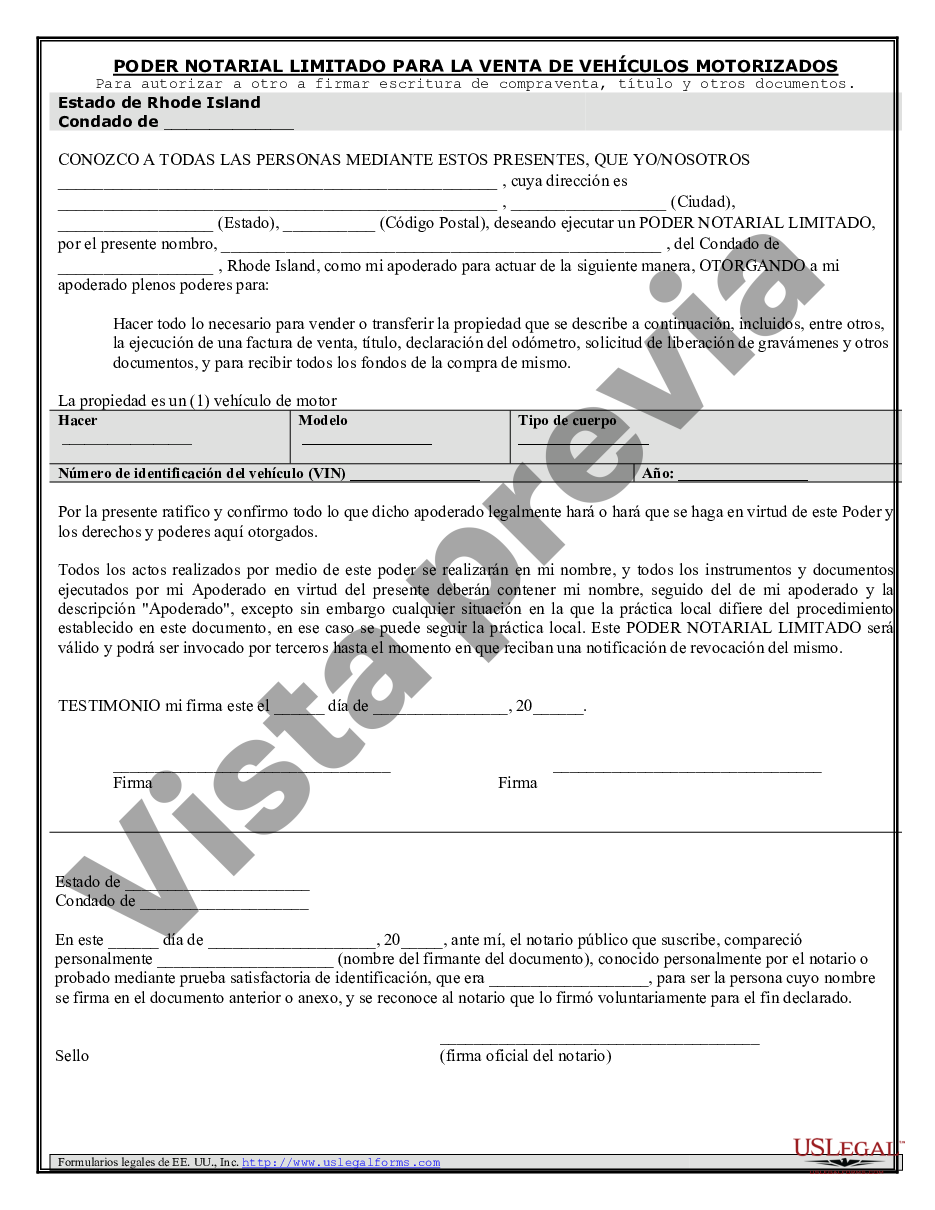 Rhode Island Poder Notarial Para La Venta De Vehículos De Motor Poder Notarial Conseguir Us 4785