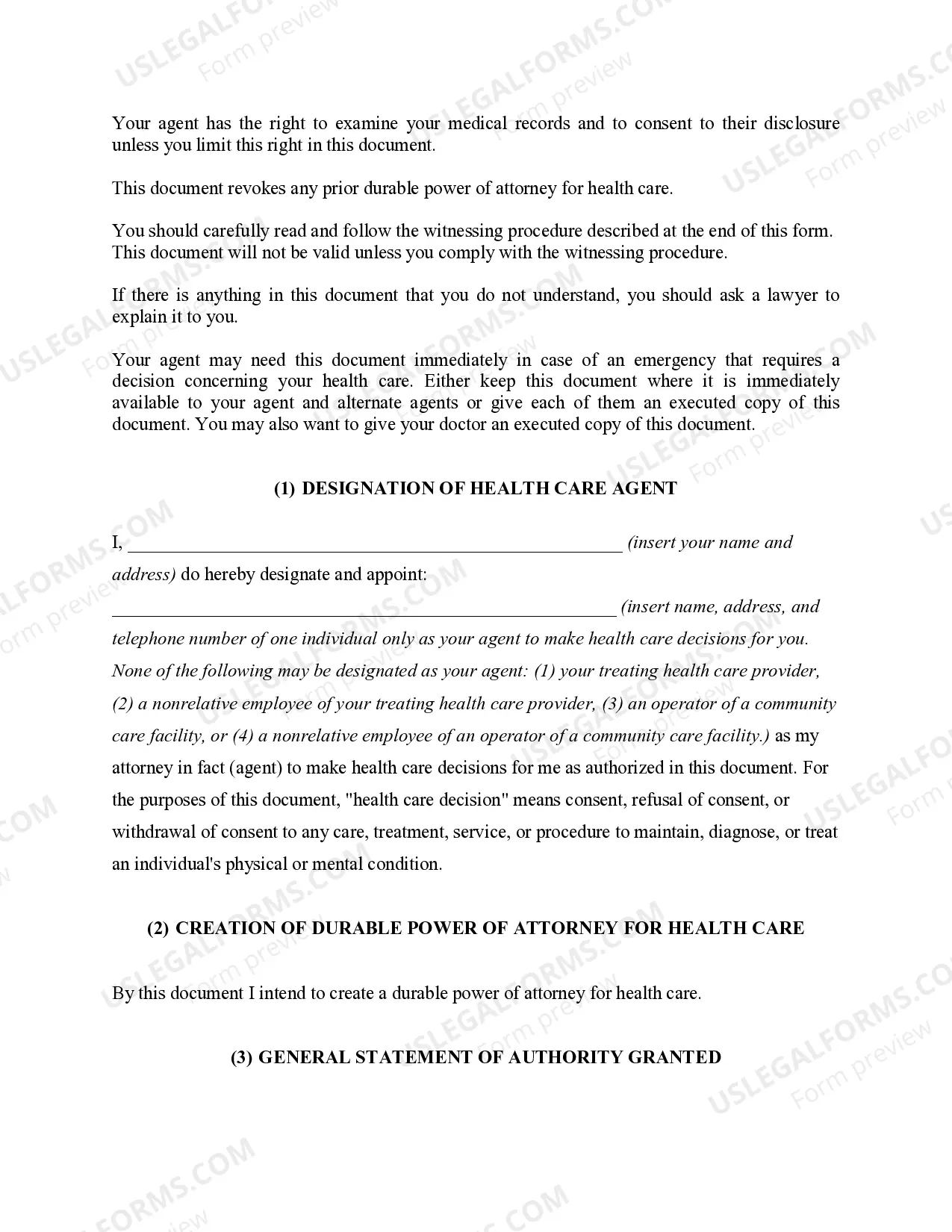 Preview Statutory Durable Power of Attorney for Health Care