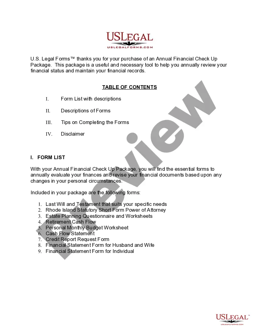 Preview Rhode Island Annual Financial Checkup Package