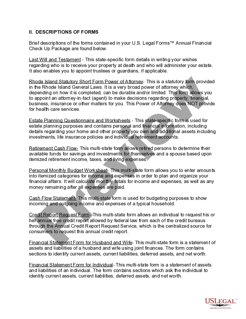 Preview Rhode Island Annual Financial Checkup Package