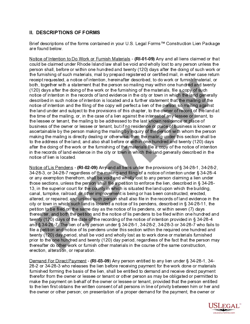 Preview Rhode Island Construction or Mechanics Lien Package - Individual