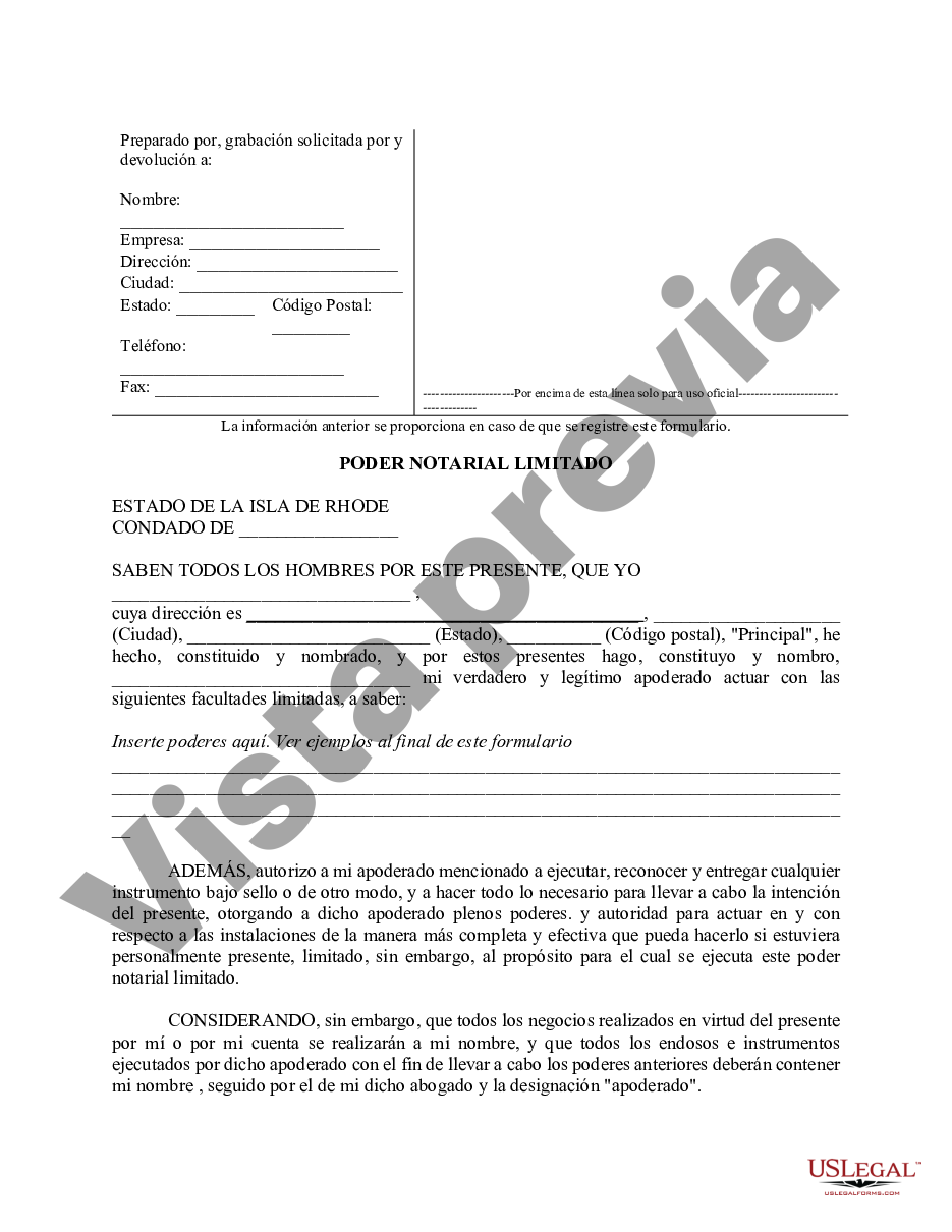 Rhode Island Poder Notarial Limitado En El Que Se Especifican Poderes Con Ejemplos De Poderes 4748