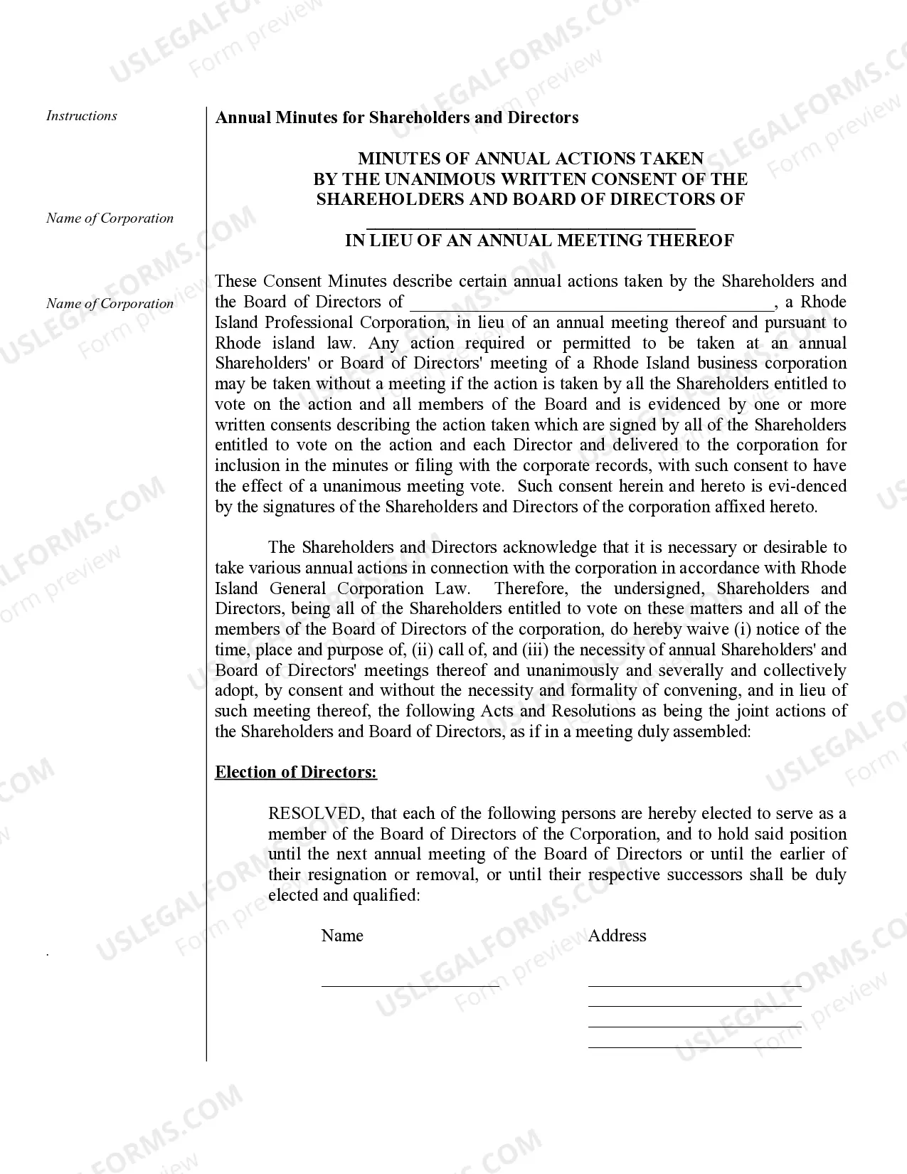 Preview Sample Annual Minutes for a Rhode Island Professional Service Corporation