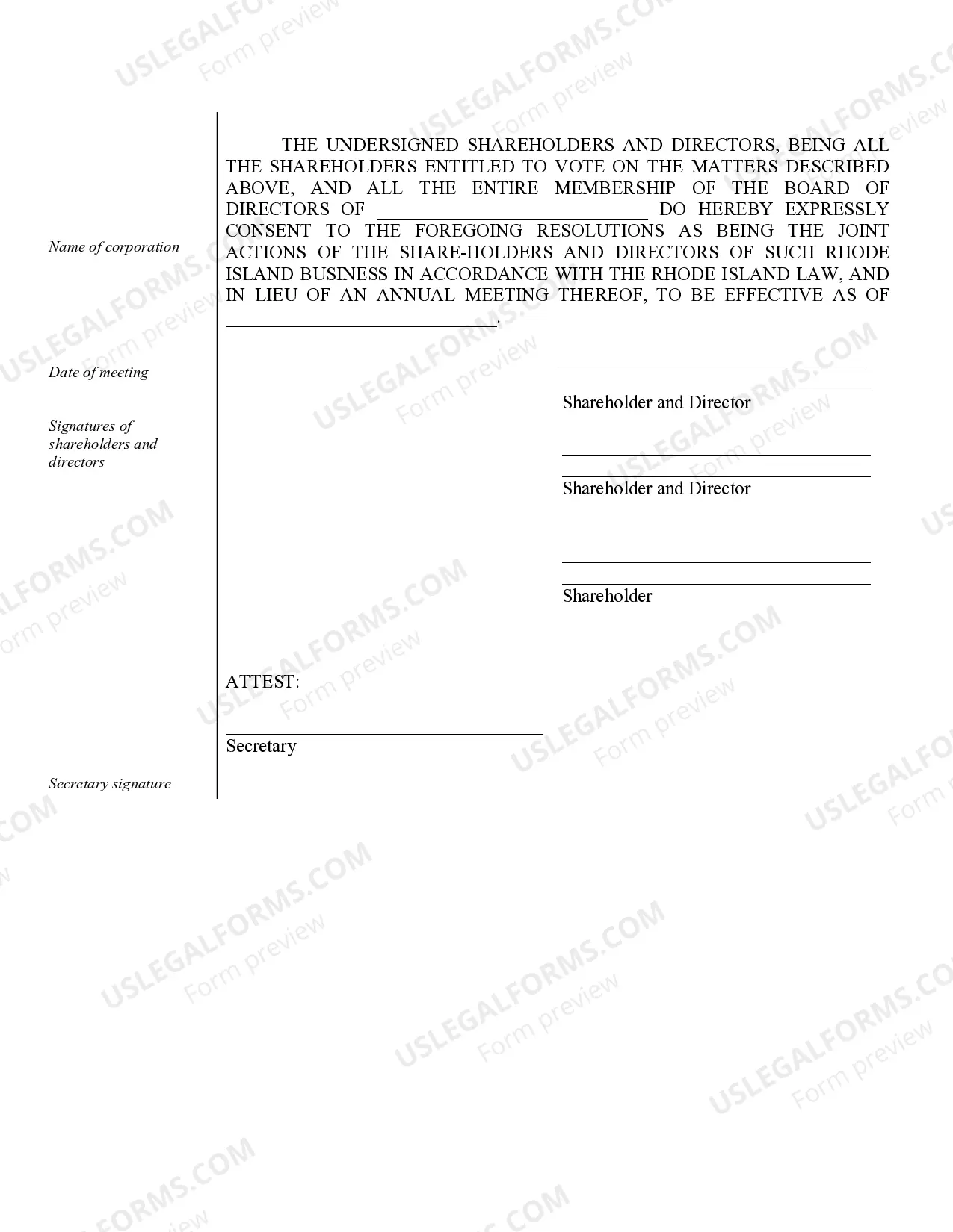 Preview Sample Annual Minutes for a Rhode Island Professional Service Corporation