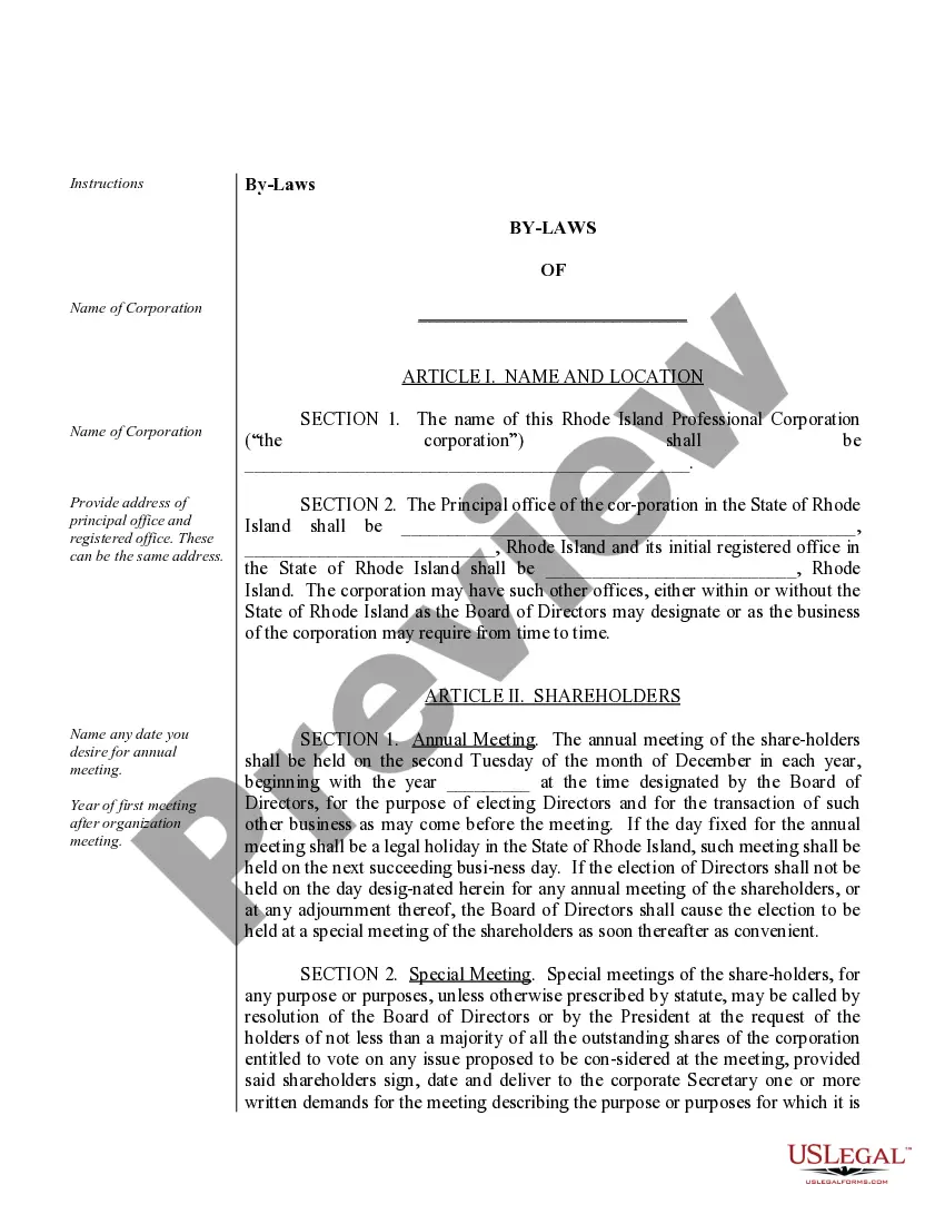 Get Sample Bylaws for a Rhode Island Professional Service Corporation Preview Sample Bylaws for a Rhode Island Professional Service Corporation