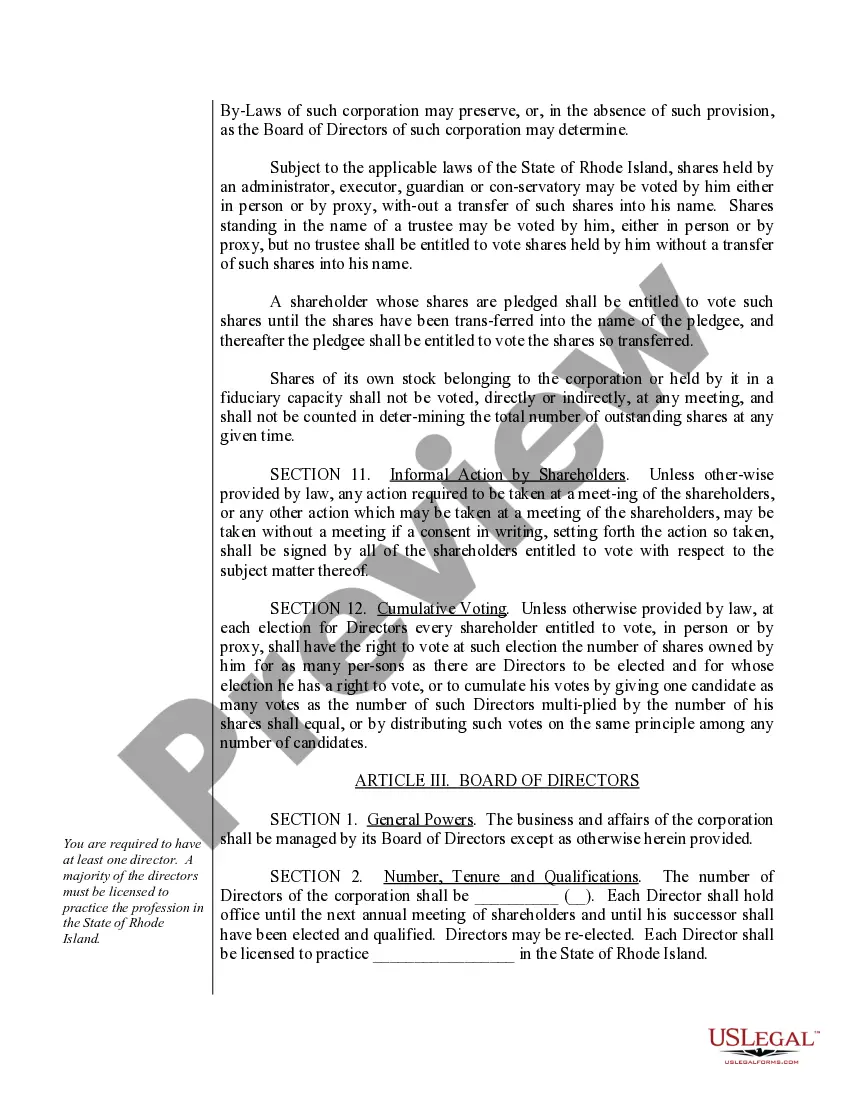 Get Sample Bylaws for a Rhode Island Professional Service Corporation Preview Sample Bylaws for a Rhode Island Professional Service Corporation
