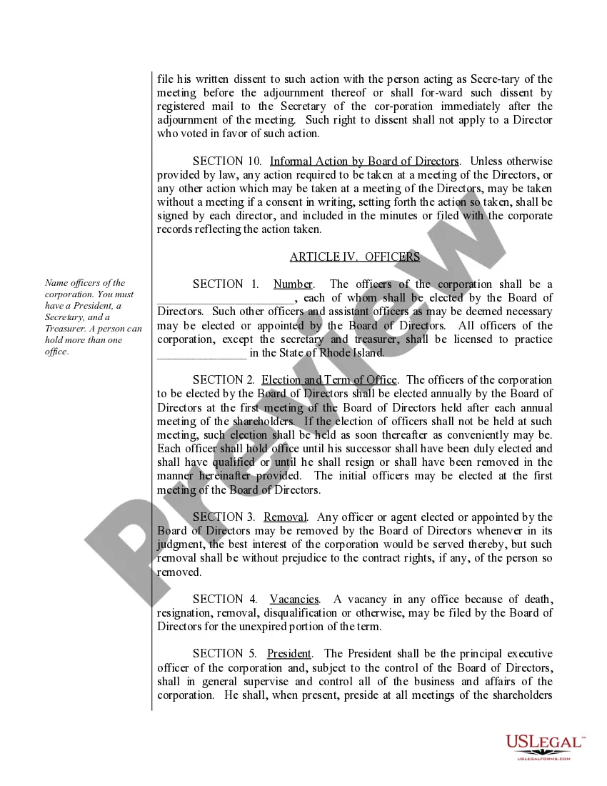 Get Sample Bylaws for a Rhode Island Professional Service Corporation Preview Sample Bylaws for a Rhode Island Professional Service Corporation