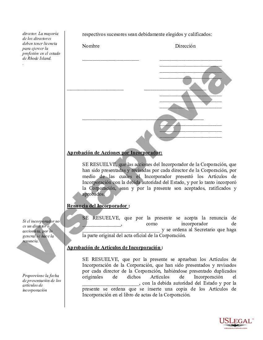 Preview Ejemplo de actas organizativas para una corporación de servicios profesionales de Rhode Island