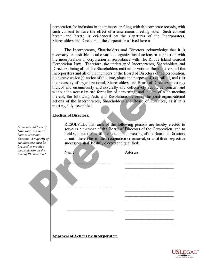 Preview Sample Organizational Minutes for a Rhode Island Professional Service Corporation