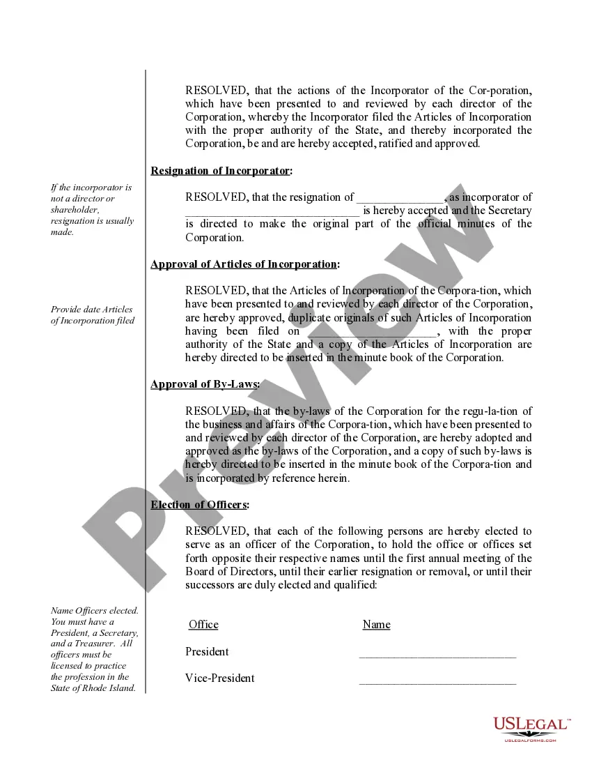 Preview Sample Organizational Minutes for a Rhode Island Professional Service Corporation