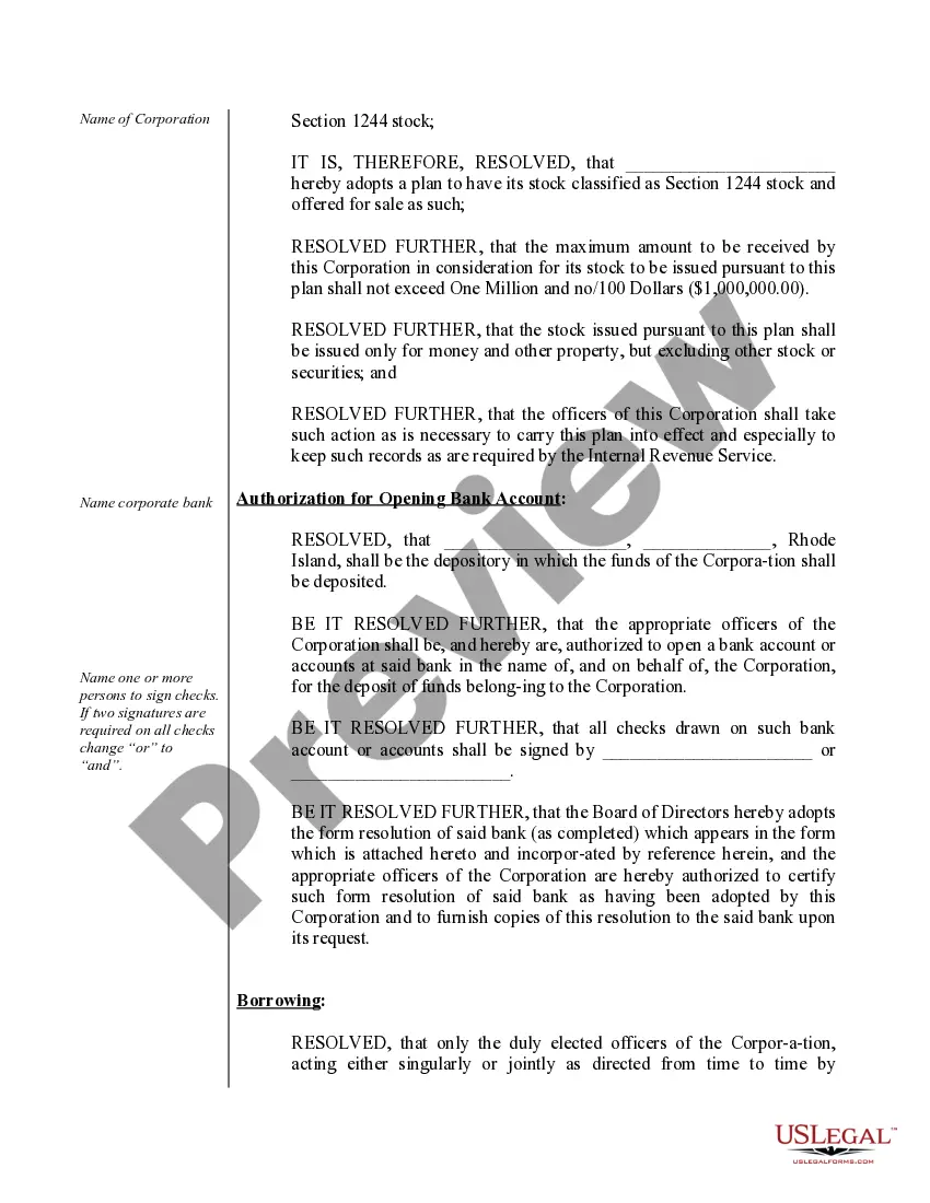 Preview Sample Organizational Minutes for a Rhode Island Professional Service Corporation