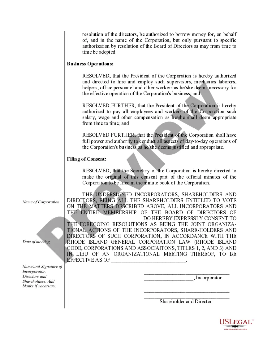 Preview Sample Organizational Minutes for a Rhode Island Professional Service Corporation