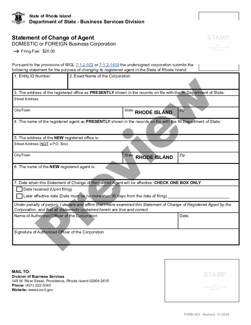 page 1 Rhode Island Change of Registered Agent preview