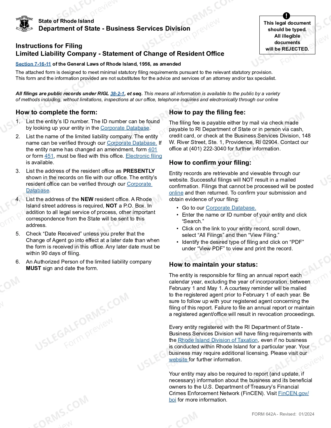 Preview Rhode Island Change of Registered Agent - Domestic or Foreign Corporation