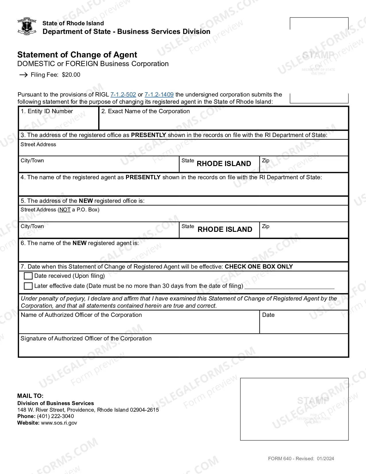 Preview Rhode Island Change of Registered Agent - Domestic or Foreign Corporation