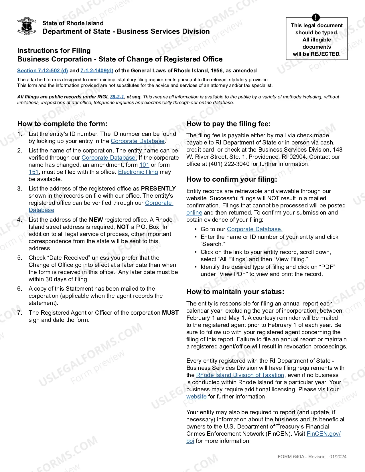 Preview Rhode Island Change of Registered Agent - Domestic or Foreign Corporation