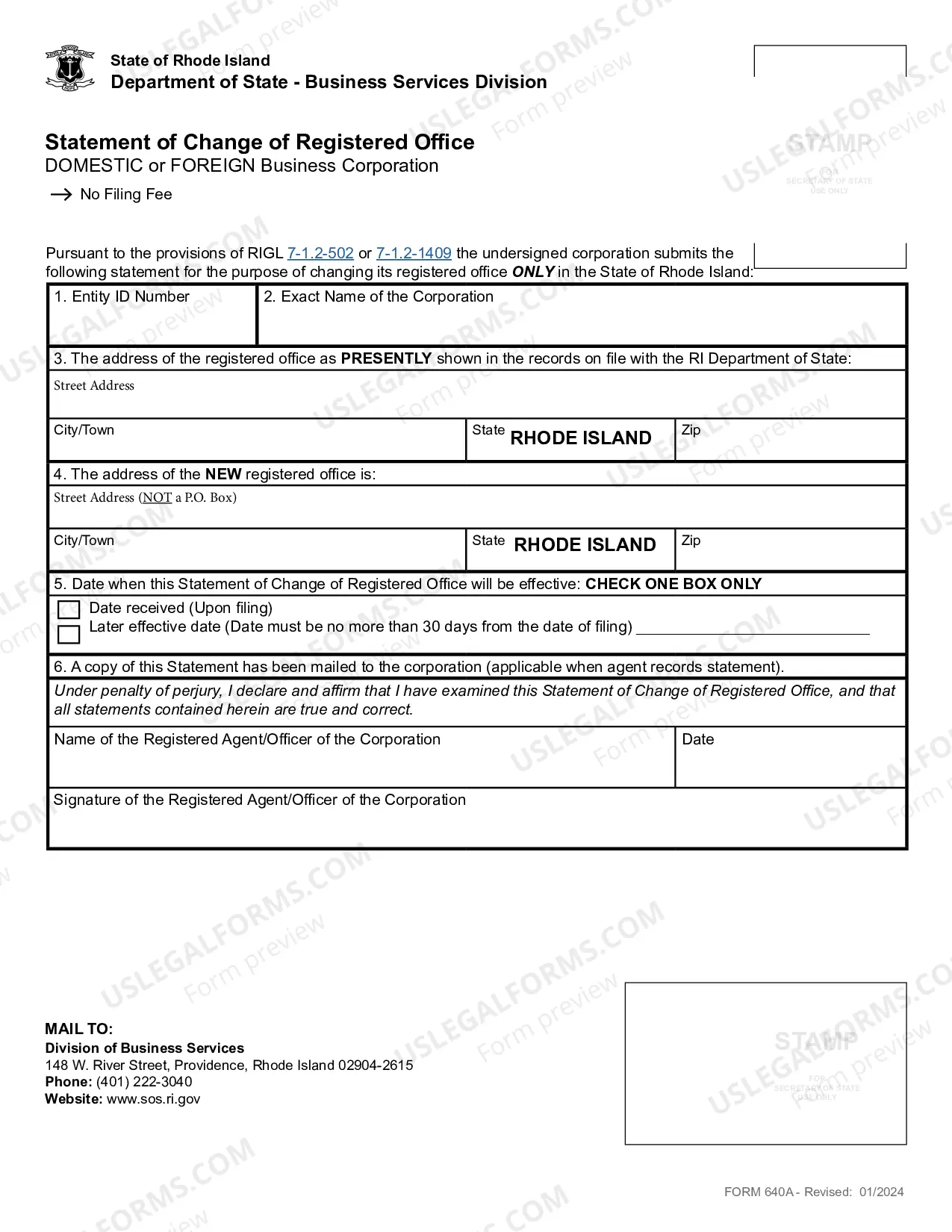 Preview Rhode Island Change of Registered Agent - Domestic or Foreign Corporation