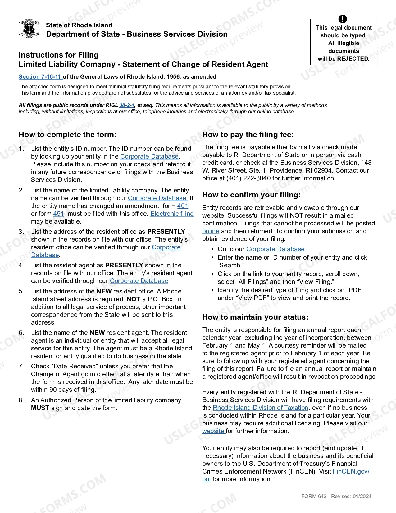 Preview Rhode Island Change of Registered Agent - Domestic or Foreign Corporation