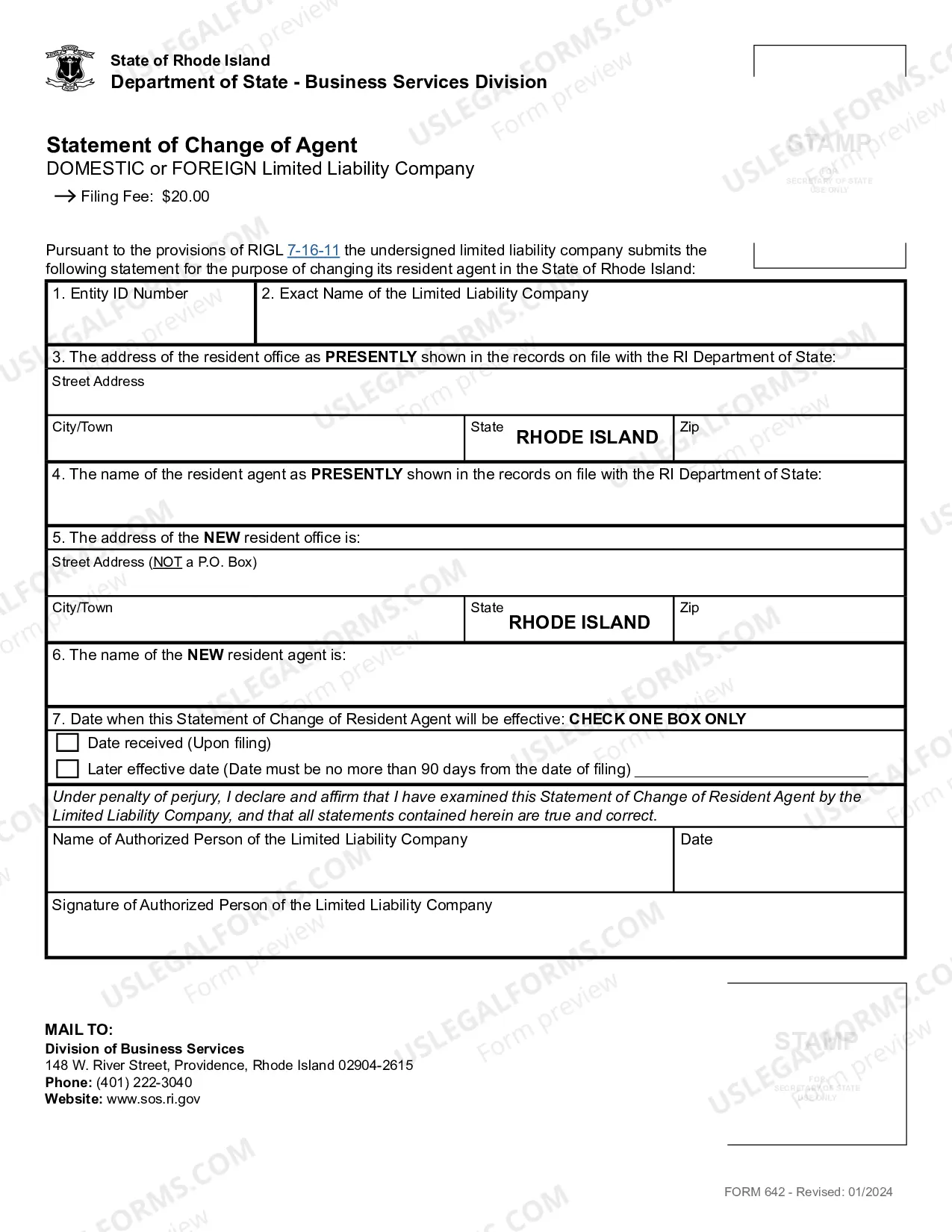 Preview Rhode Island Change of Registered Agent - Domestic or Foreign Corporation